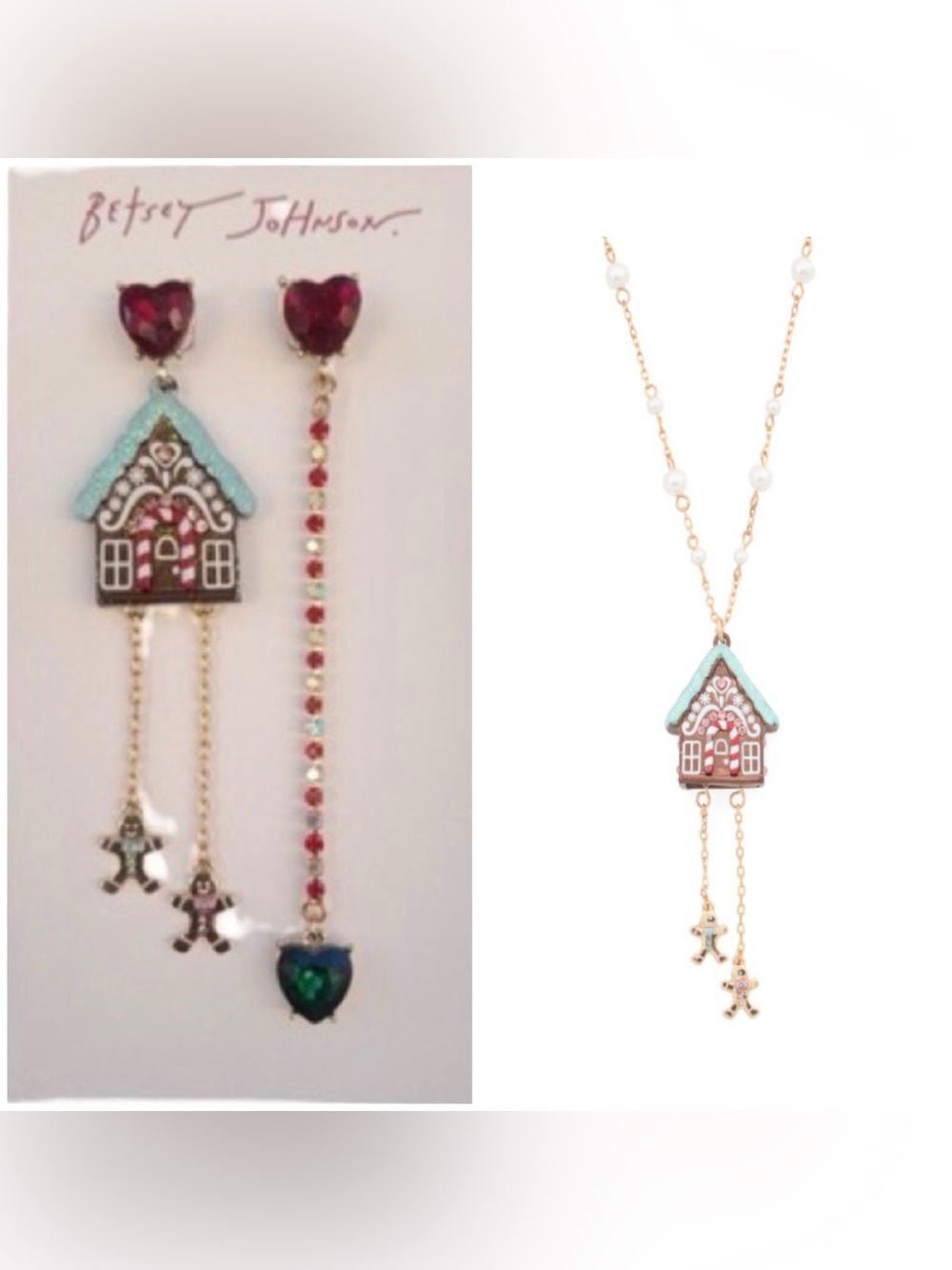 BETSEY JOHNSON SET Christmas Holiday Gingerbread House Earrings & Necklace NWT
